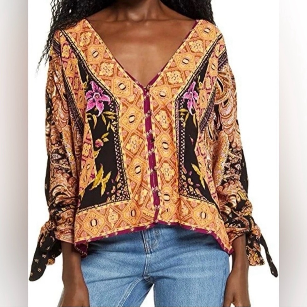 Free People Paisley and Geometric Blouse - Orange and Pink